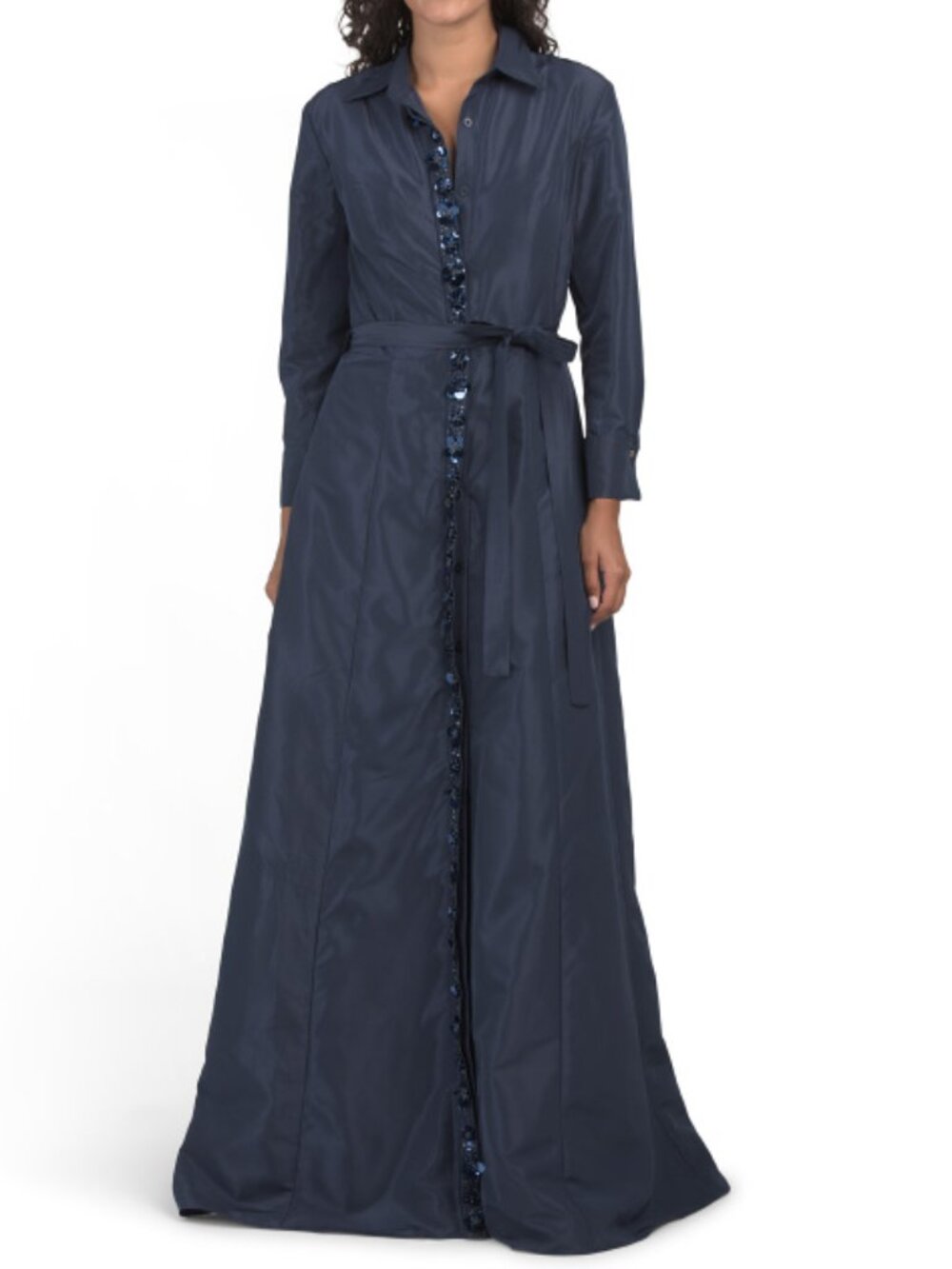 TERANI COUTURE Long Sleeve Embellished Shirt Gown